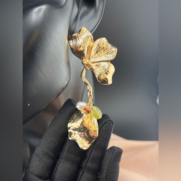 Gold Orchid Drop Earrings with Multicolor Beads - Picture 7 of 10